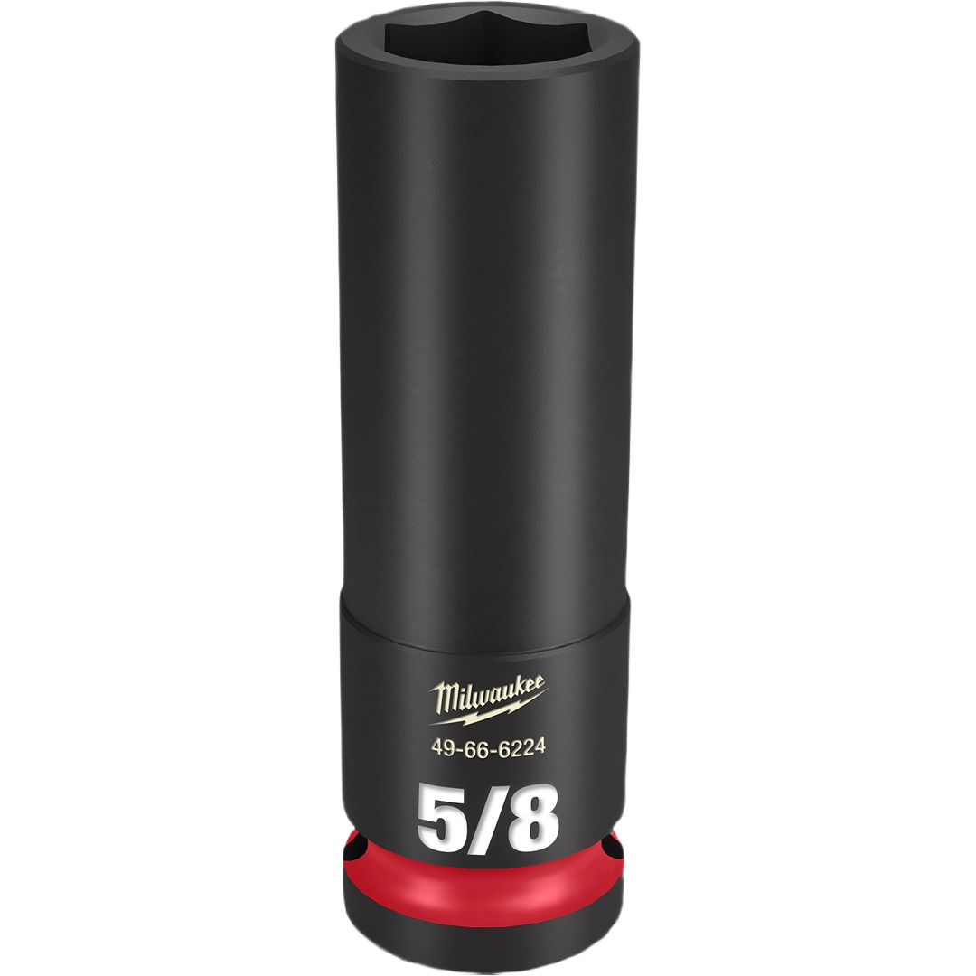 Black impact socket with 5/8 inch deep 6-point design, suitable for heavy-duty hand tools and woodworking applications