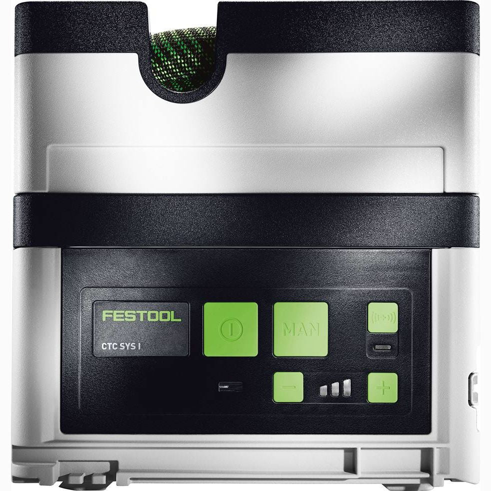 Compact cordless dust extractor with HEPA-Plus filter and digital control panel for woodworking and air filtration tasks