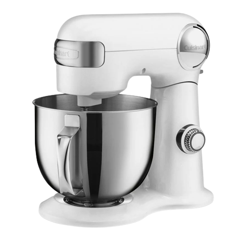 White stand mixer with stainless steel mixing bowl and speed control dial for home kitchen use