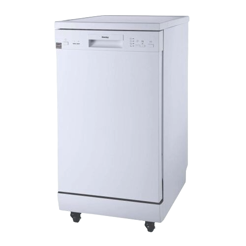 Compact white portable dishwasher with stainless steel interior, digital controls, and four wash cycle options for kitchen appliances collection