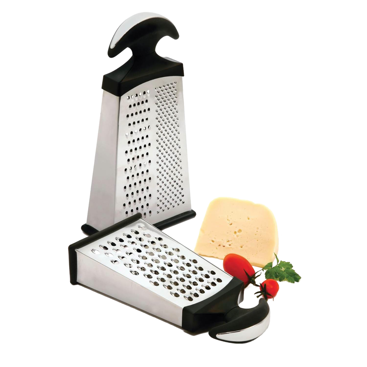 Dual stainless steel graters with black ergonomic handles shown with cheese and tomatoes for kitchenware under $50 collection