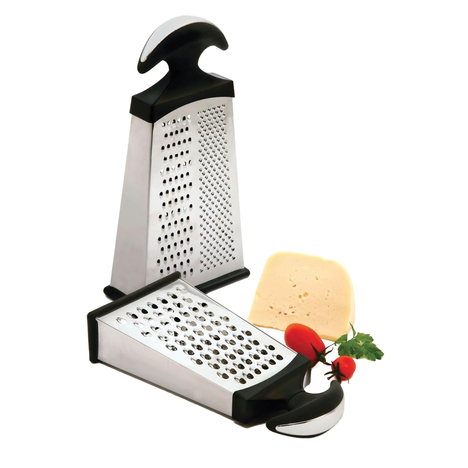 Dual stainless steel graters with black ergonomic handles shown with cheese and tomatoes for kitchenware under $50 collection