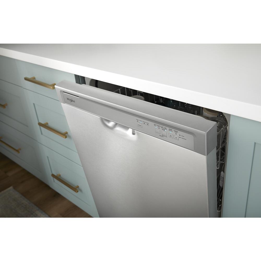 Built-in stainless steel quiet dishwasher with front control panel integrated into modern kitchen cabinetry for home improvement.
