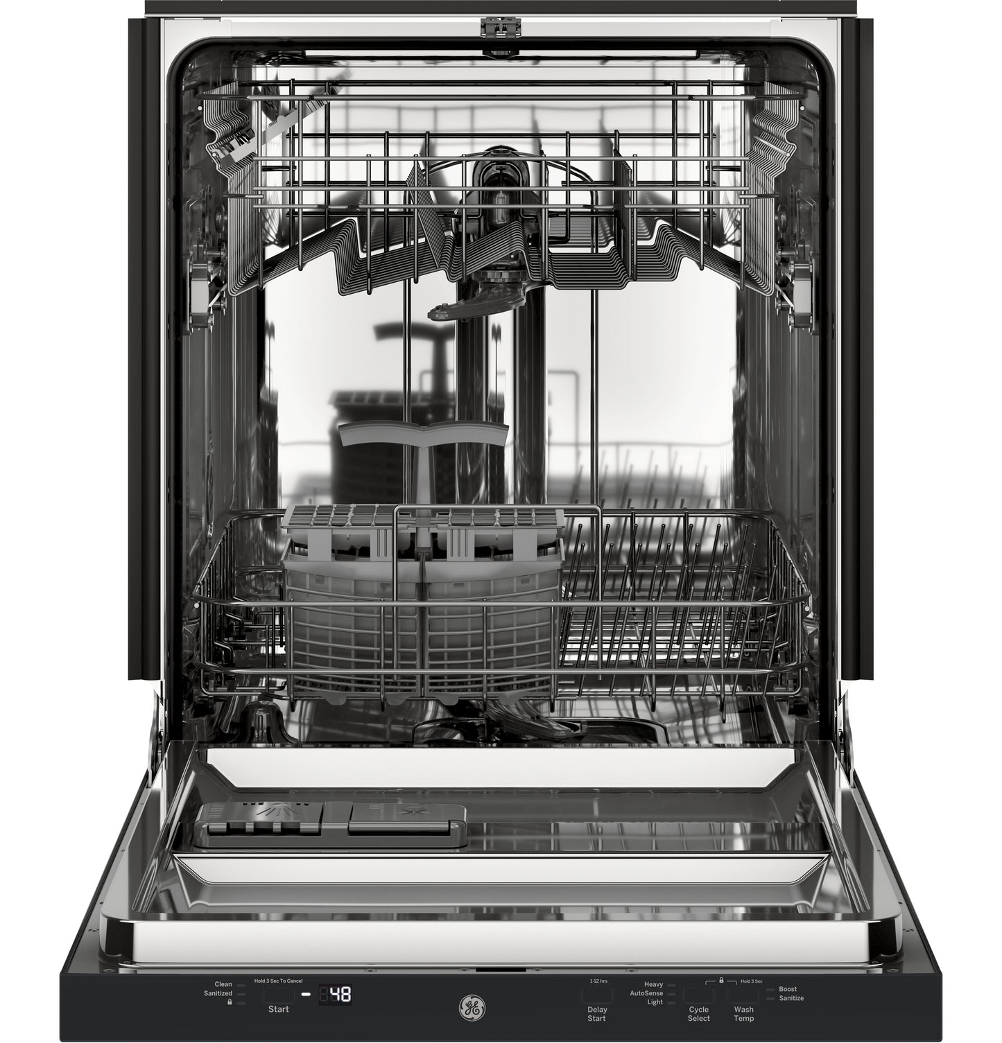 Open GE stainless steel dishwasher with racks and digital control panel from Dishwashers and Kitchen & Kitchenware collections