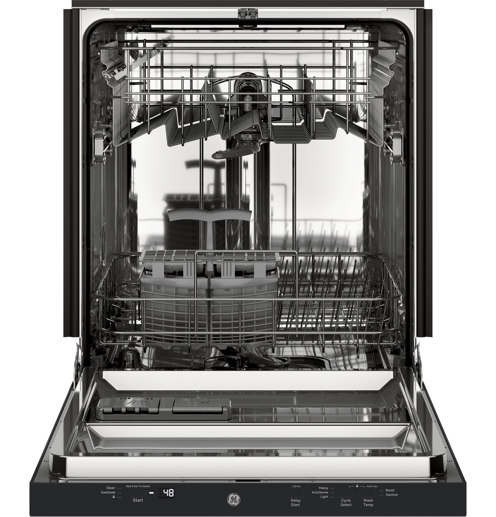Open GE stainless steel dishwasher with racks and digital control panel from Dishwashers and Kitchen & Kitchenware collections