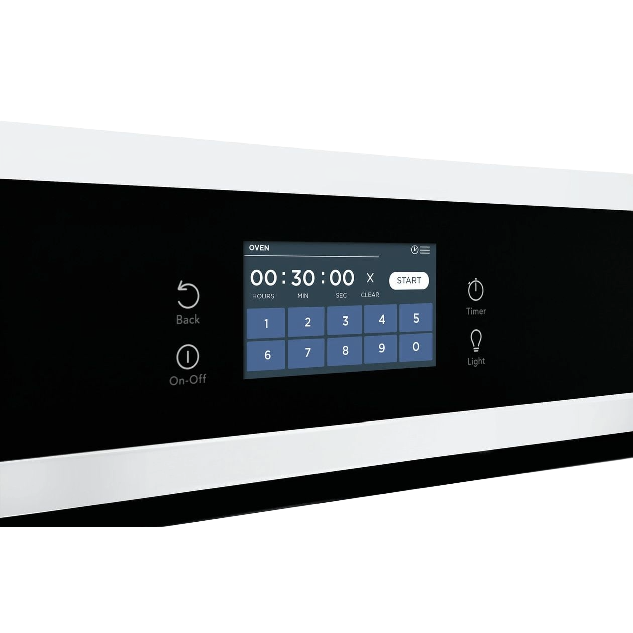 Close-up of digital touchscreen control panel on black glass surface of electric wall oven with timer settings displayed