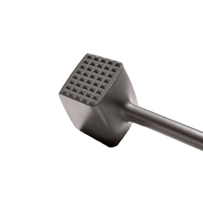 Square textured metal tenderizing head on gray handle for kitchenware and cooking utensils tools collections