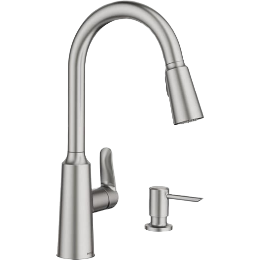 Stainless steel pull-down kitchen faucet with single handle and matching soap dispenser for modern home improvement