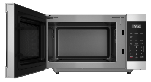 Stainless steel microwave with open door, digital touch controls, and spacious flatbed interior in kitchenware collections