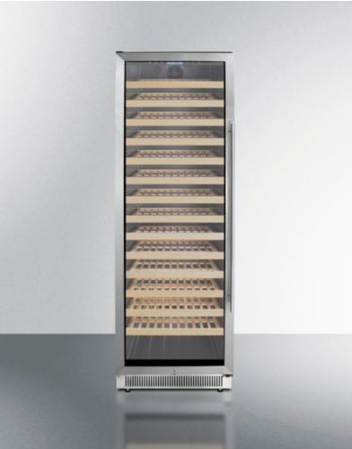 Tall stainless steel single zone wine cellar with wooden racks and digital control in kitchen appliances collection