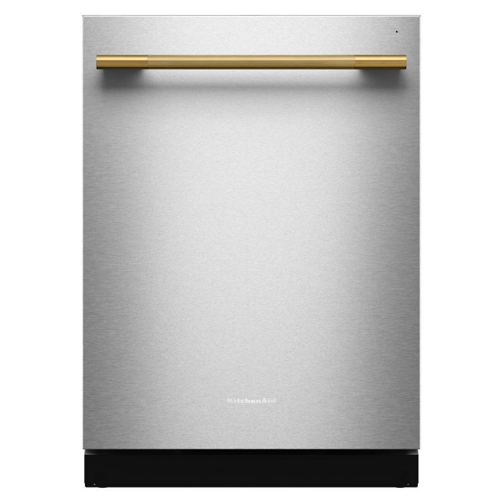 Modern stainless steel dishwasher with distinctive gold towel bar handle for KitchenAid appliances and home improvement