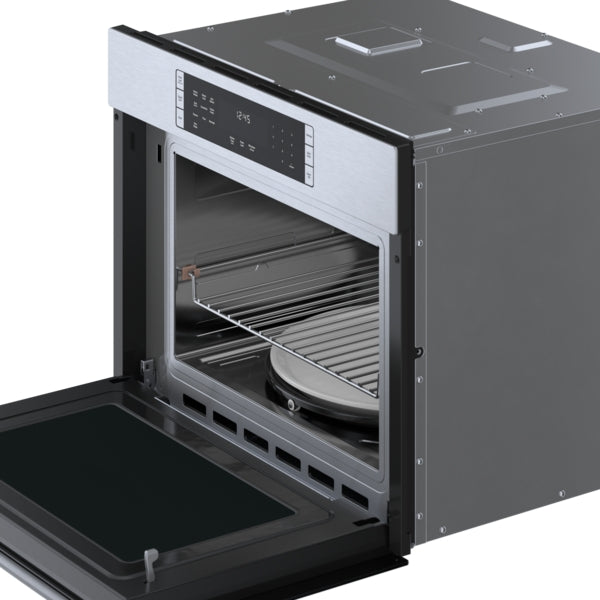Open stainless steel speed oven with digital control panel and interior rack from wall ovens collection