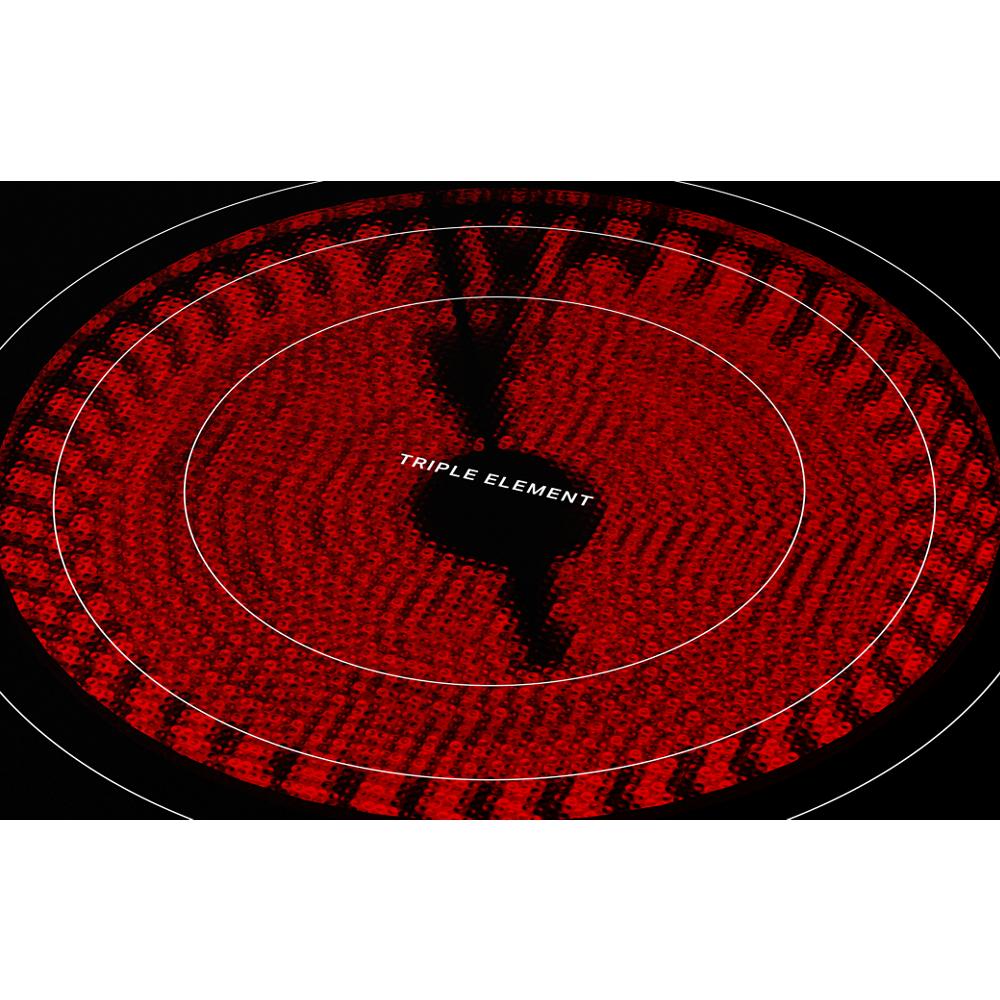 Close-up of a glowing red electric cooktop burner with triple element heating visible on a smooth black surface, part of Electric Ranges and Appliances collections.