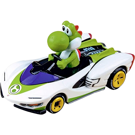 Green Yoshi character figure driving a white and green slot car with yellow wheels and detailed engine parts