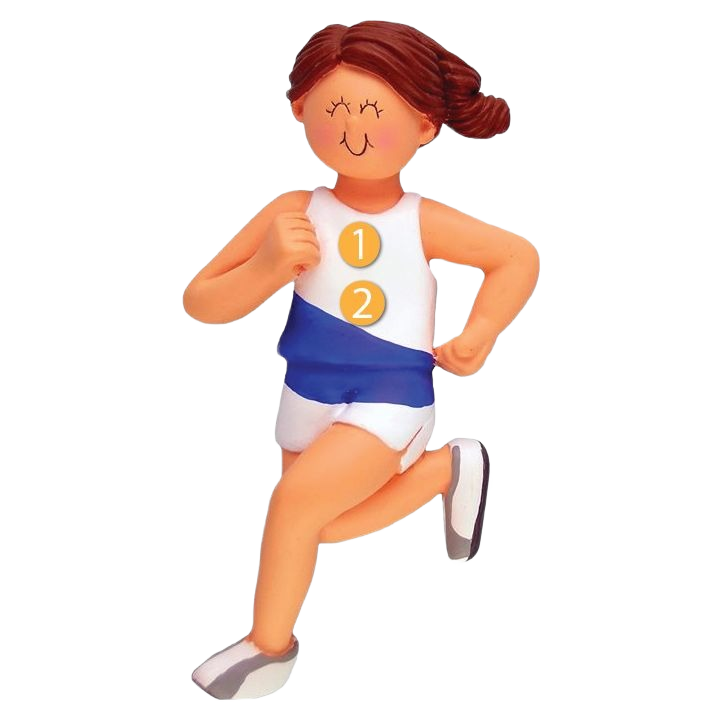 Brunette female runner figurine ornament in white and blue outfit for Christmas Ornaments & Tree Decorations under $50 collection
