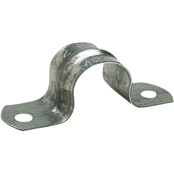 Zinc-plated steel 1/2 inch conduit strap with two mounting holes for securing electrical metallic tubing in home improvement projects
