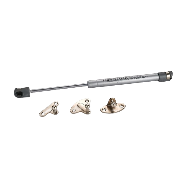 Silver gas spring pneumatic stay with three metal mounting brackets for smooth furniture lid support in hardware collection