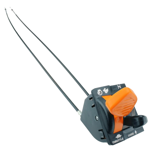 Orange and black choke assembly lever with cable for equipment control in home improvement and machinery maintenance tasks