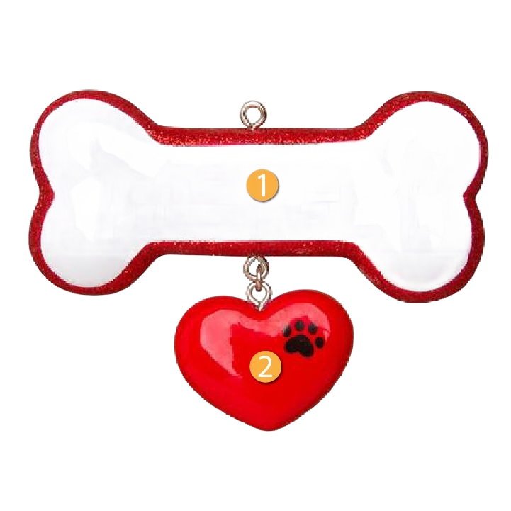 White dog bone ornament with red glitter edge and hanging red heart featuring black paw print, Christmas decoration under $50 collection