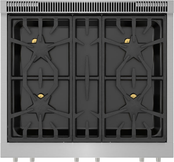 Top view of stainless steel gas range with exclusive Star® Burner grates, part of Thermador ranges and kitchenware collections