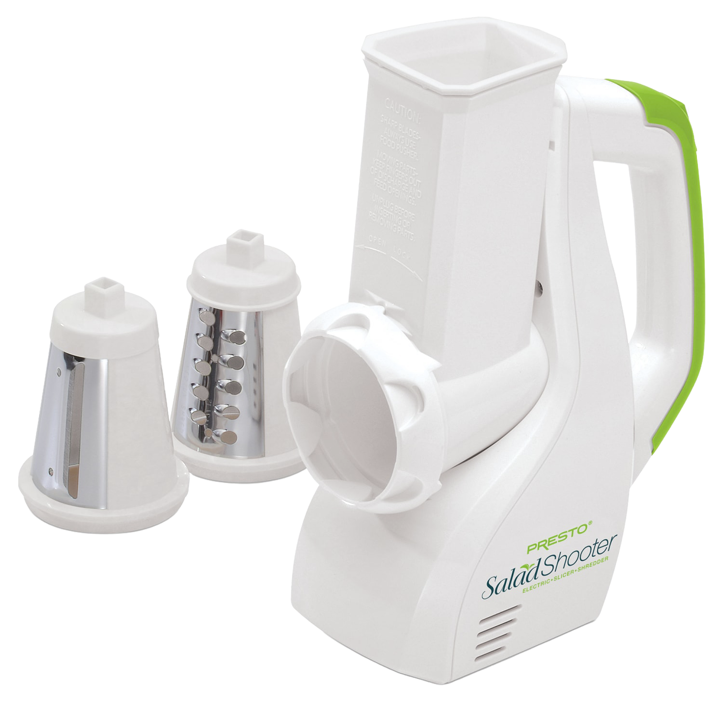White and green electric kitchen gadget with two stainless steel shredding cones for small appliance collections
