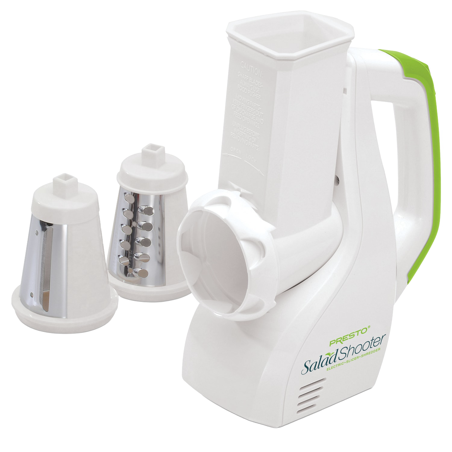 White and green electric kitchen gadget with two stainless steel shredding cones for small appliance collections
