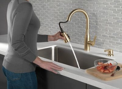 Woman using pull-down spout on champagne bronze kitchen faucet with soap dispenser in modern home improvement setting