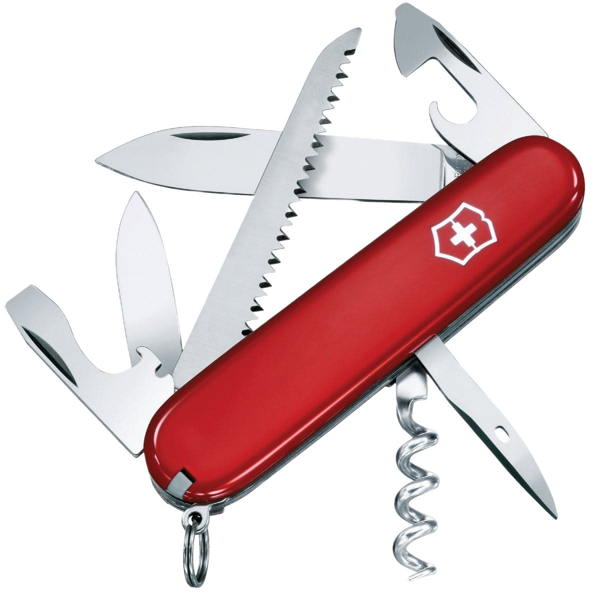 Red multi-tool pocket knife with various stainless steel blades and accessories for outdoor and home use tasks