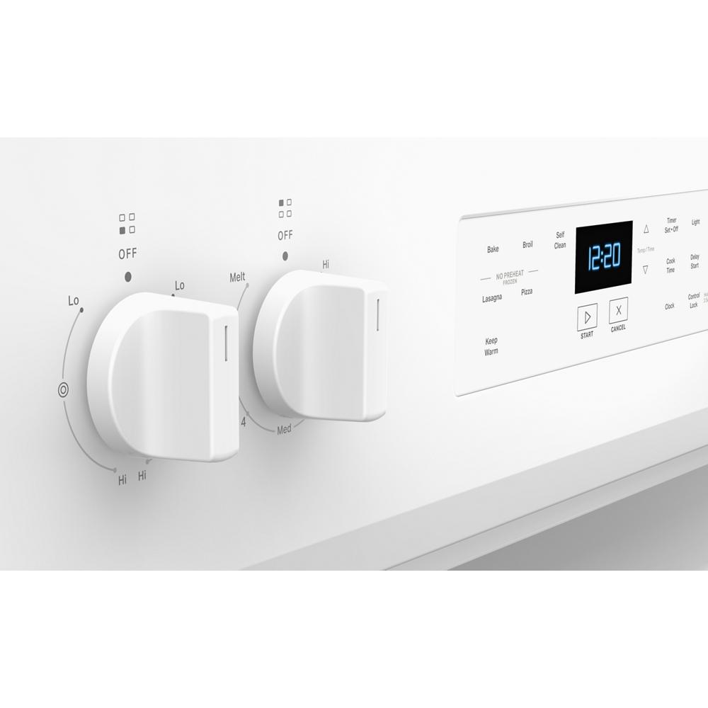 Close-up of white electric range control knobs and digital display on smooth front panel from Ranges and Kitchen collections