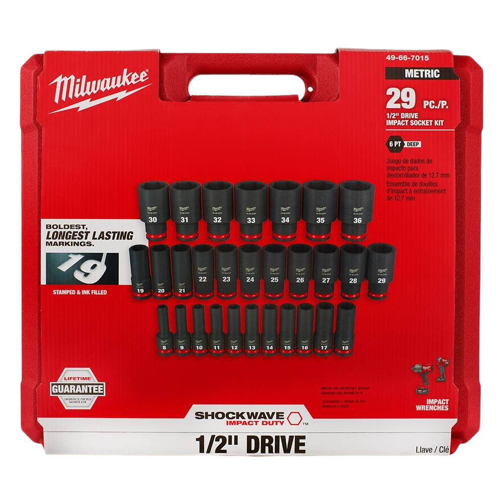 Red carrying case with 29-piece metric deep impact sockets from Milwaukee for hand and woodworking tool collections
