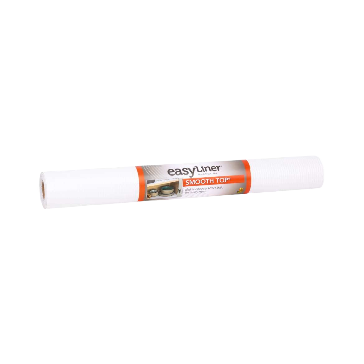 White smooth top shelf liner roll for kitchenware and storage organization, measuring 20 inches by 6 feet.