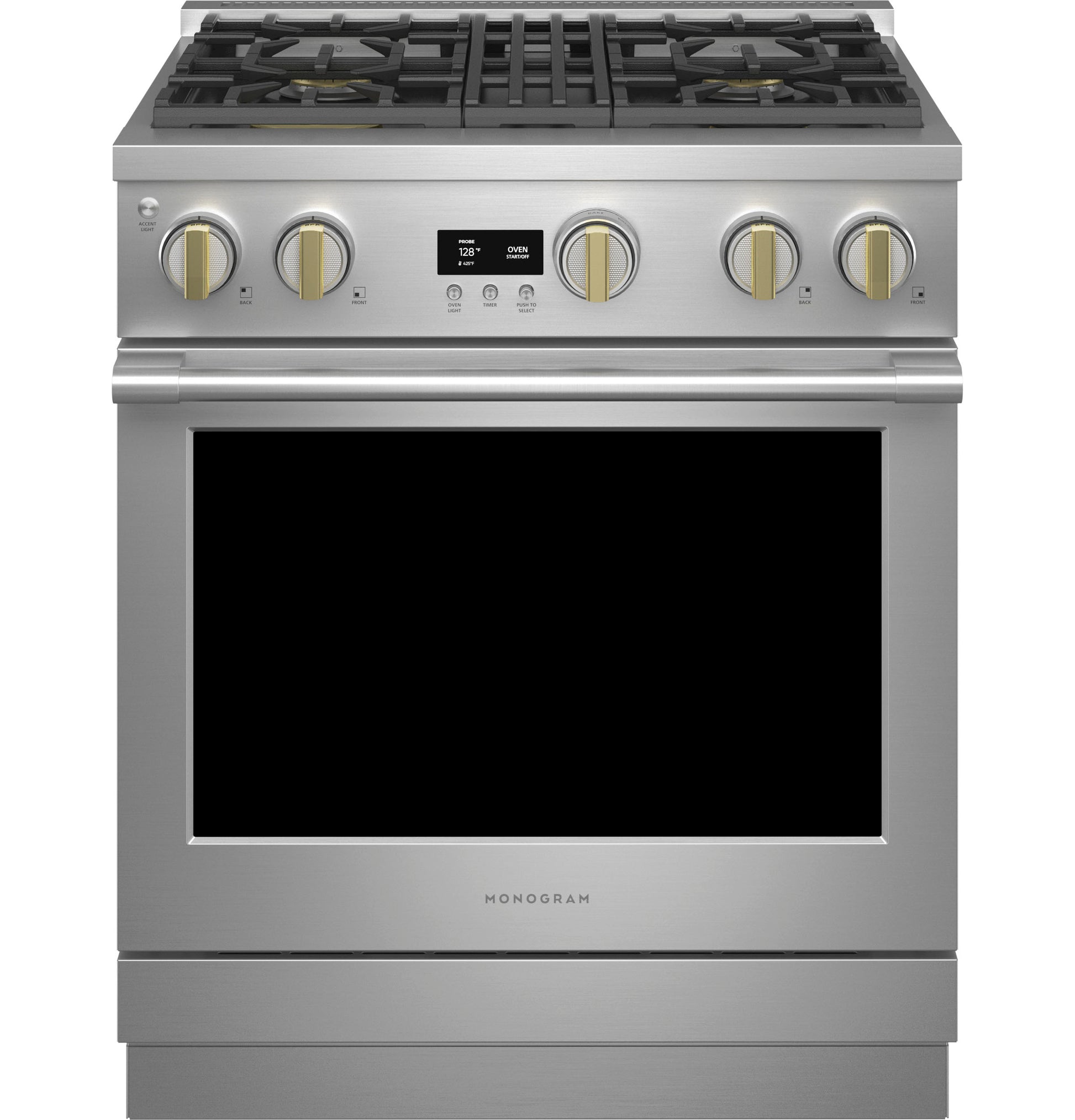 Stainless steel gas range with four burners, digital display, and professional style in Ranges and Kitchen & Kitchenware collections