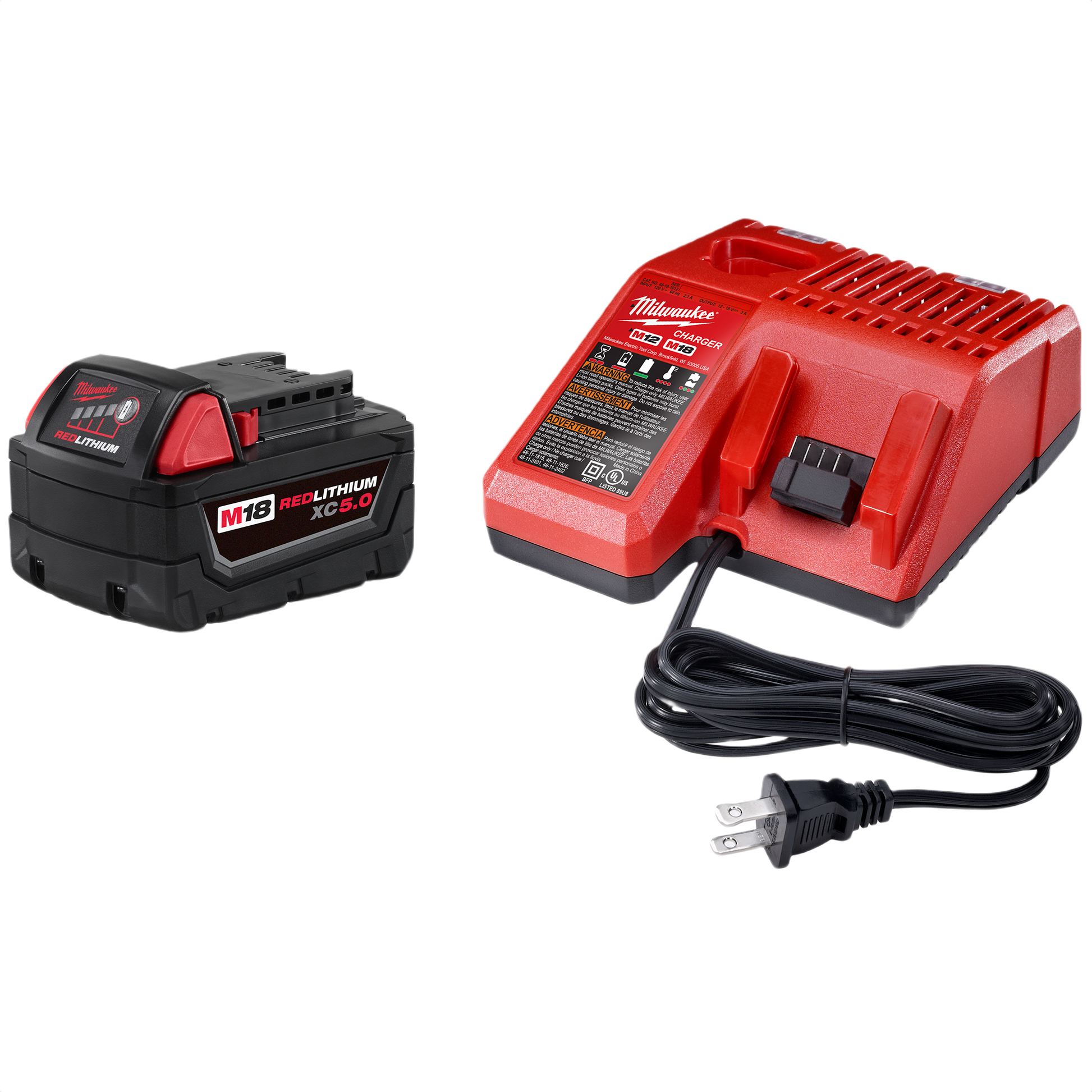 Compact red battery charger and black M18 REDLITHIUM XC5.0 lithium-ion battery for tools and home improvement tasks