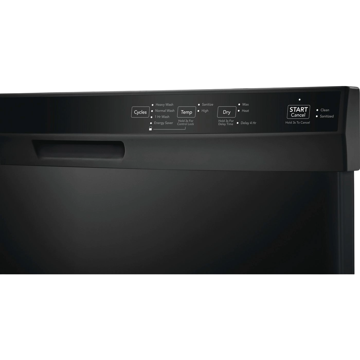 Control panel of black built-in dishwasher with cycle, temperature, and drying options in kitchen appliance setting