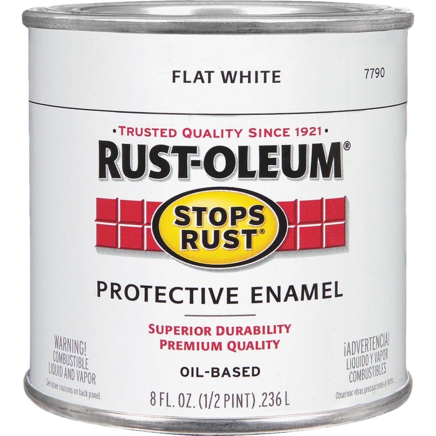 Half-pint can of Rust-Oleum flat white oil-based enamel paint for home improvement under $50 specialty paint collection