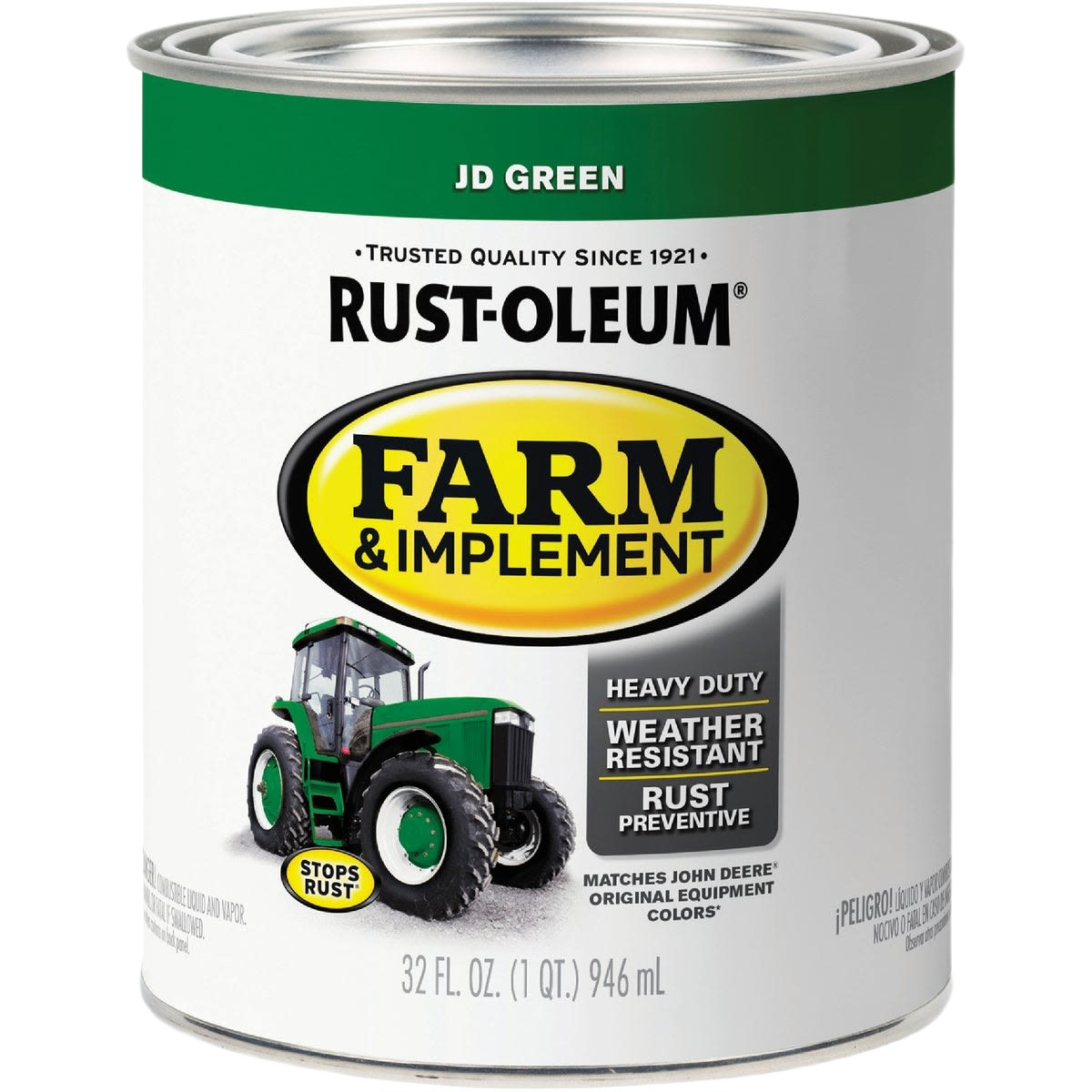 Quart can of Rust-Oleum Farm & Equipment gloss enamel paint in John Deere green for specialty paint supplies