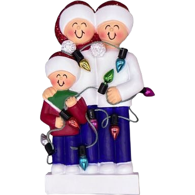 Festive ceramic ornament of smiling family of three holding colorful Christmas lights for tree decoration under $50