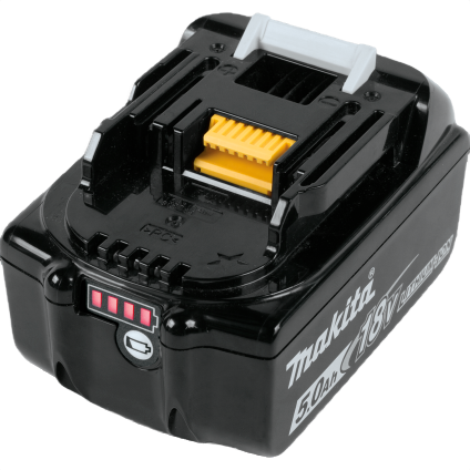 Black Makita 18V lithium-ion rechargeable battery with 5.0 amp-hour capacity for tools and home improvement use