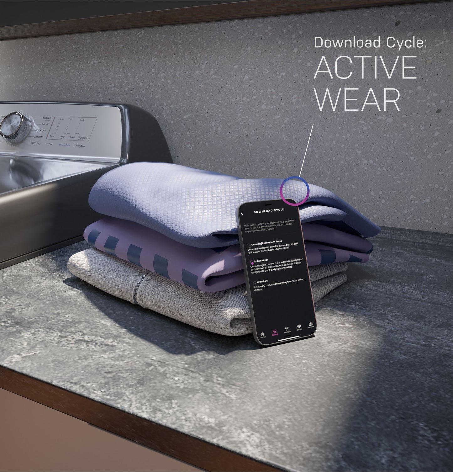 Stack of active wear clothes next to smartphone displaying active wear cycle near electric dryer in home appliances collection