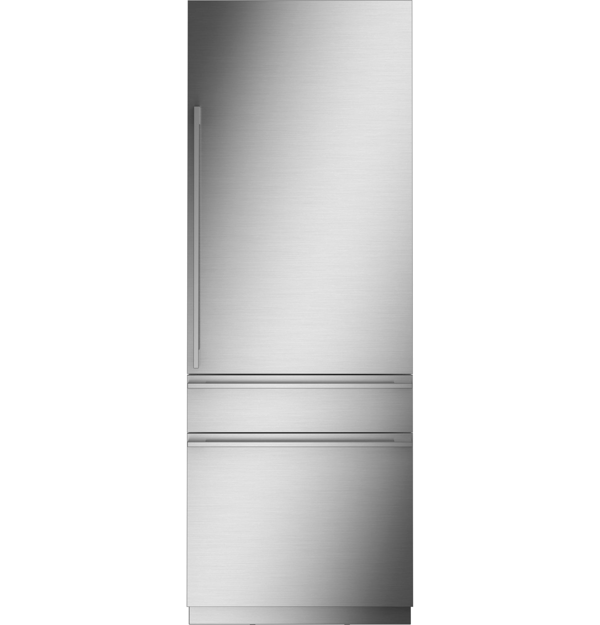 Tall stainless steel integrated panel-ready refrigerator with two bottom freezer drawers in kitchen appliances collection