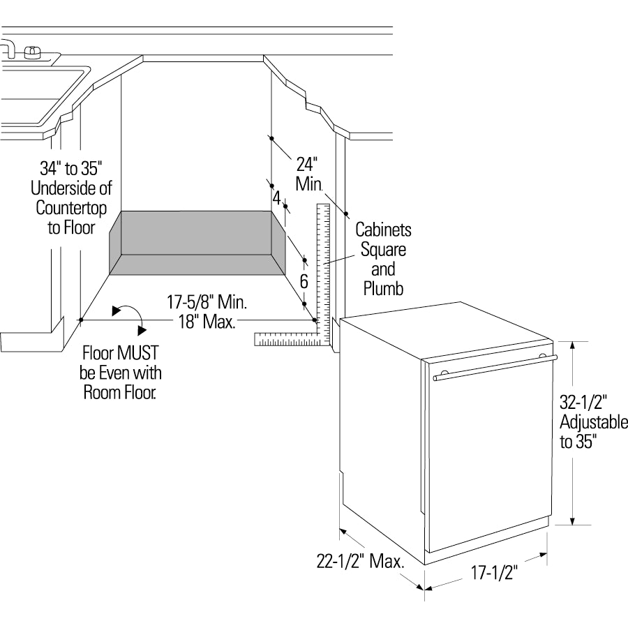 Diagram showing installation measurements for an 18-inch panel-ready dishwasher in kitchen cabinetry space