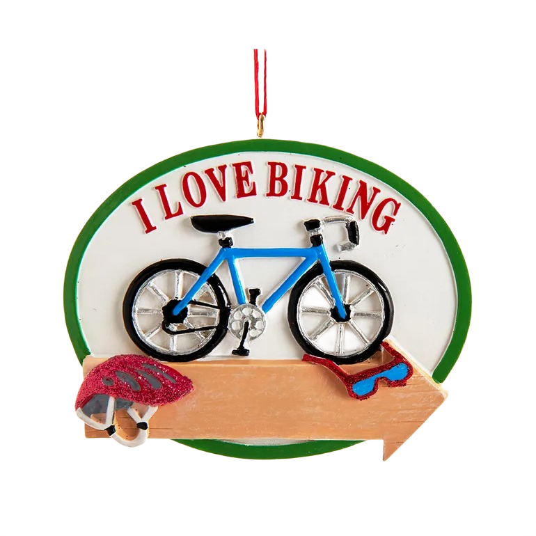 Oval ornament with blue bike, red biking helmet, and sunglasses with "I Love Biking" text for personalized decor