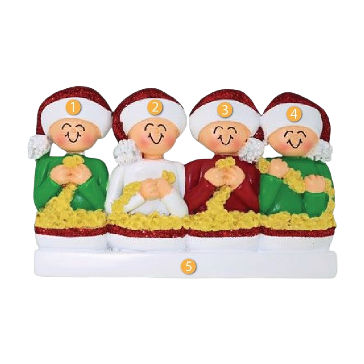 Four festive figurines wearing Santa hats stringing popcorn for Christmas Ornaments & Tree Decorations collection under $50