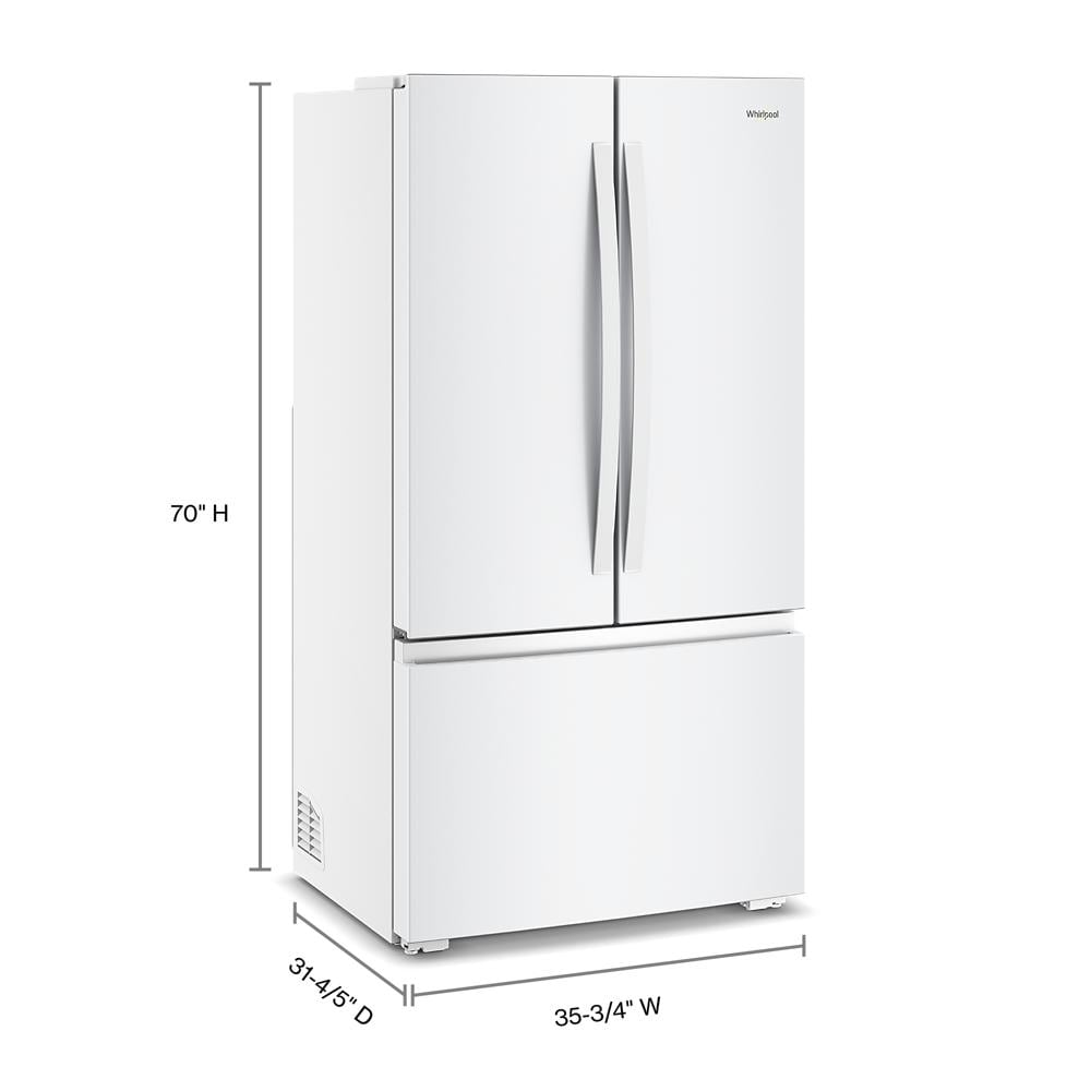 White 3-door French door refrigerator with bottom freezer, ideal for kitchen appliances and home improvement projects.