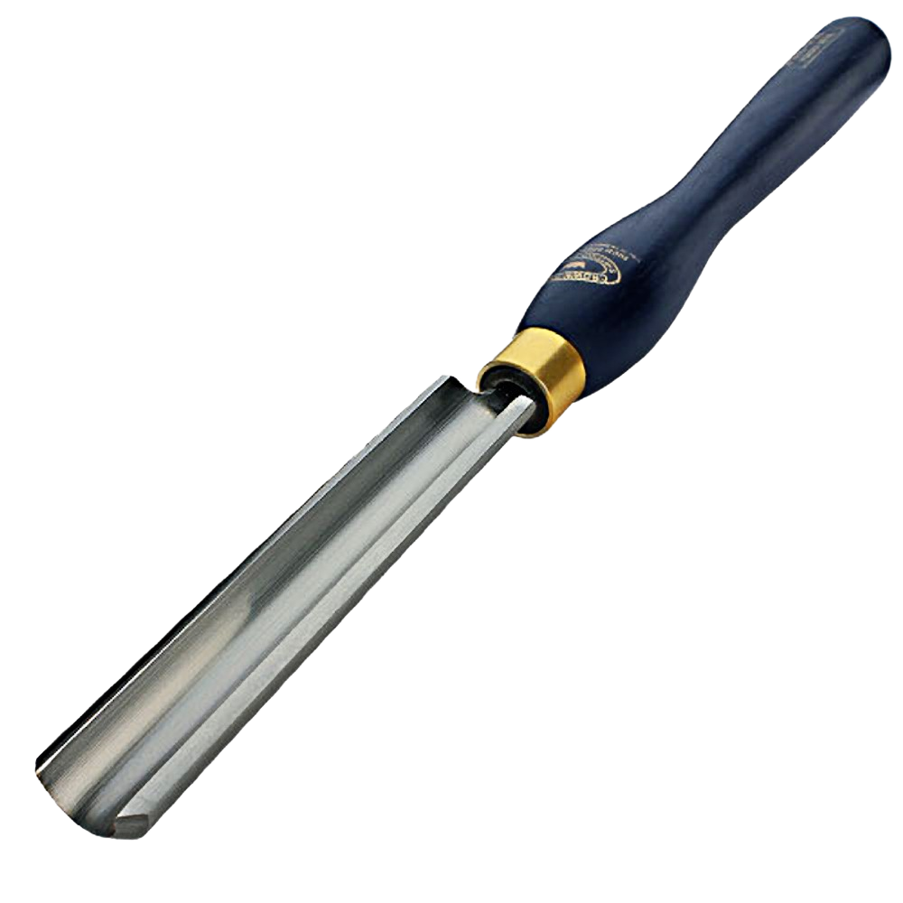 Woodworking roughing gouge with polished metal blade and dark blue ergonomic handle in Crown Tools collection
