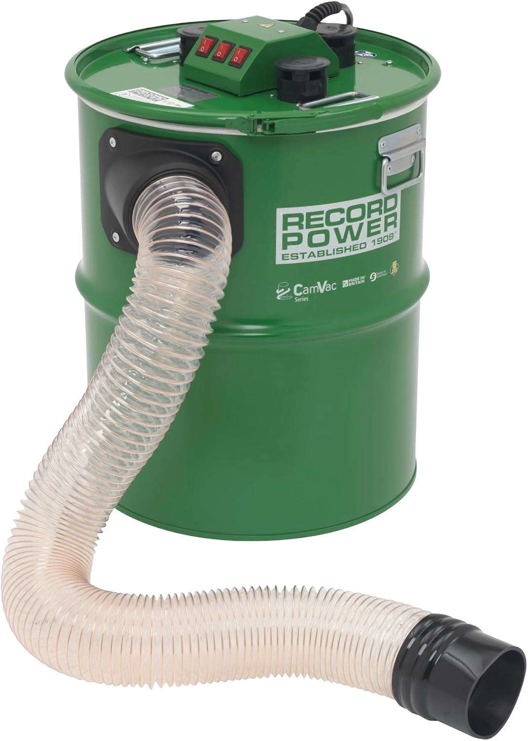 Green cylindrical dust extractor with twin motor controls and flexible hose, designed for woodworking and dust collection in home improvement projects.