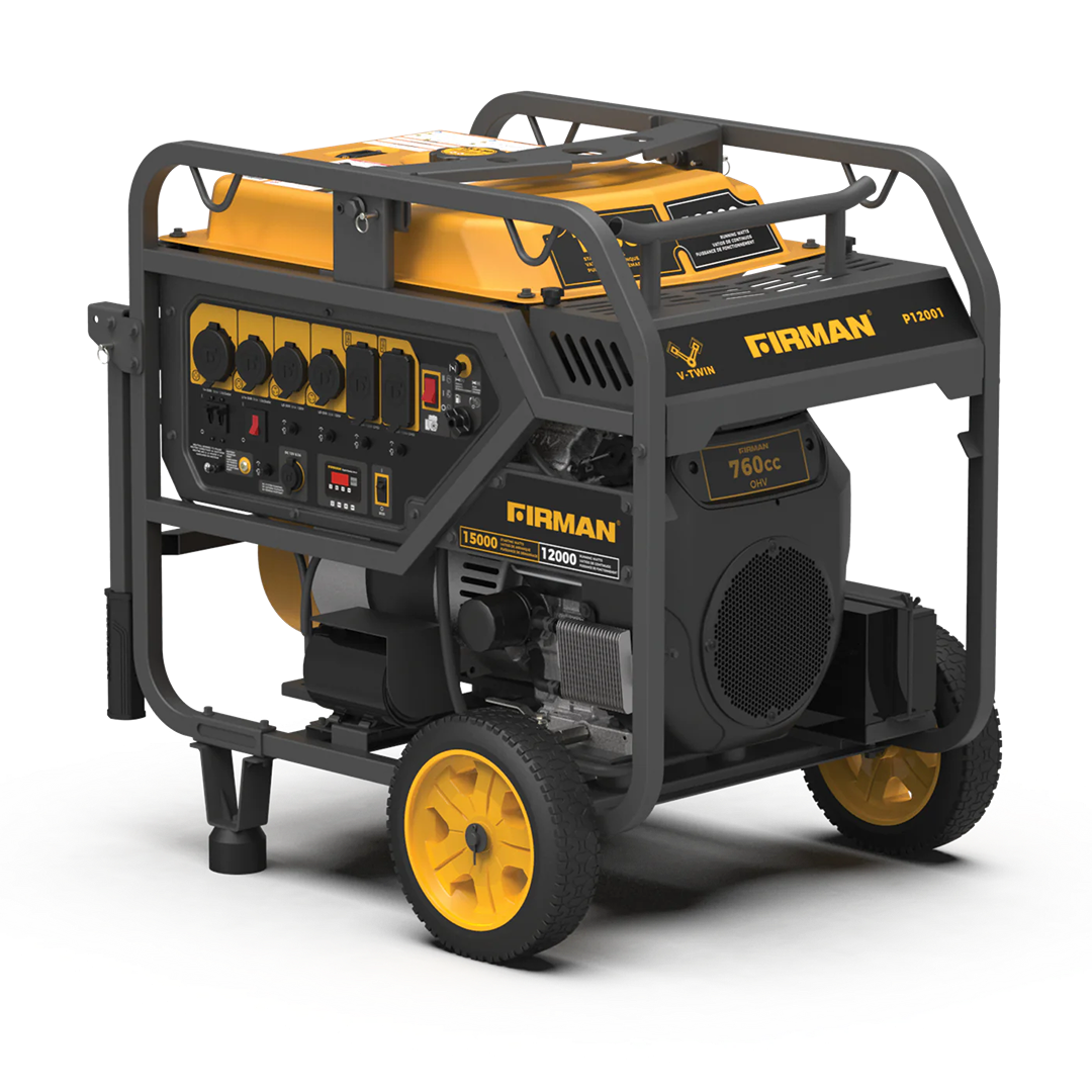 Heavy-duty portable generator with yellow fuel tank, multiple outlets, and sturdy black frame with wheels for outdoor power tools use