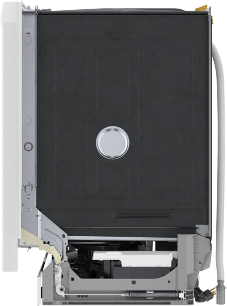 Side view of a partially assembled white dishwasher showing internal components and connections for kitchen appliances.