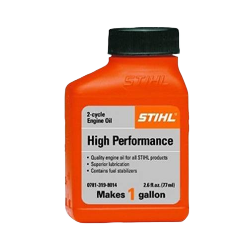 Orange plastic bottle of high-performance 2-cycle engine oil for tools and home improvement use