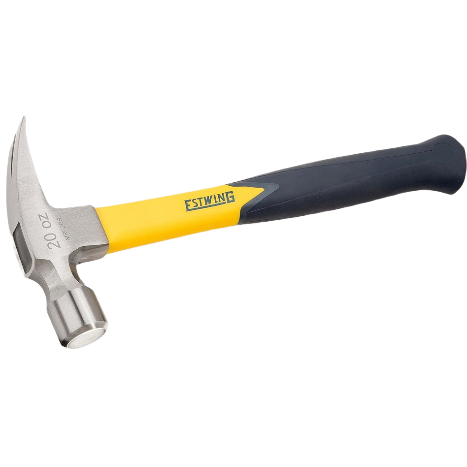 20 oz hammer with curved claw and yellow fiberglass handle designed for tools and home improvement tasks